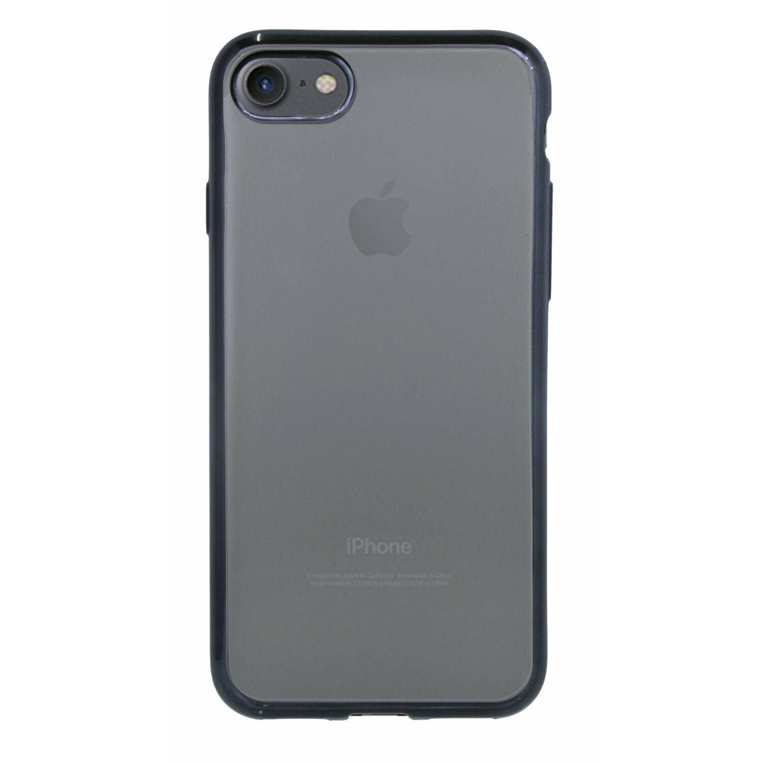Ein schwarzes iPhone 7 in einer transparenten, dunkelblau umrandeten Hülle. Rückseite sichtbar.
