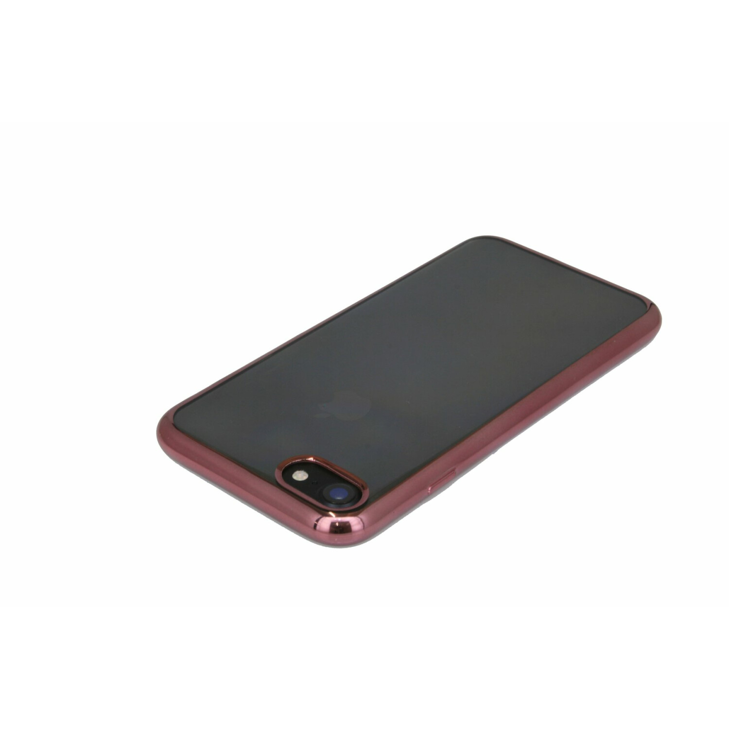 Ein pinkfarben gerahmtes Telefon auf weißem Hintergrund, Rückseite nach oben.