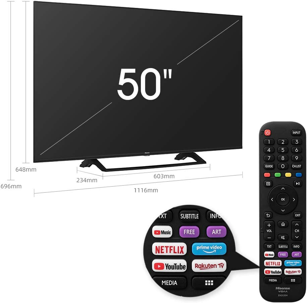 Telewizor 50" z wymiarami. Czarny ekran. Czarny stojak. Białe tło.