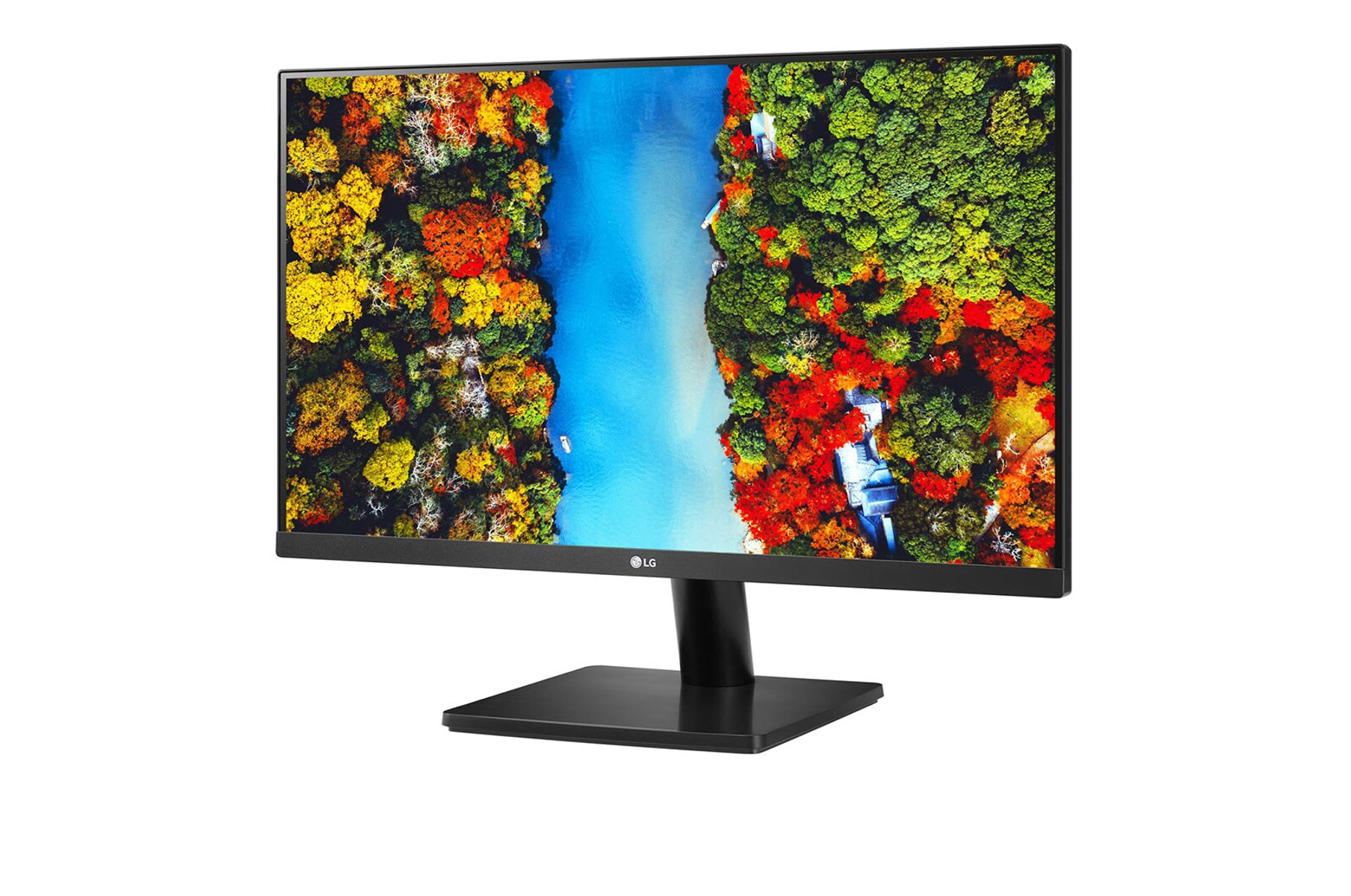 Un monitor di computer che mostra una scena colorata di fiume e foresta.