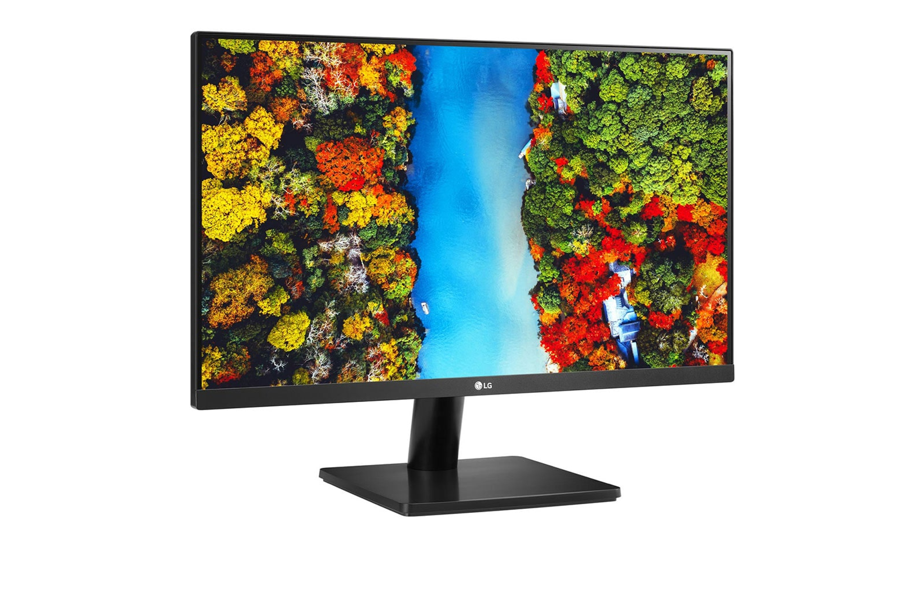 Monitor LG che mostra una scena paesaggistica colorata con un supporto nero.