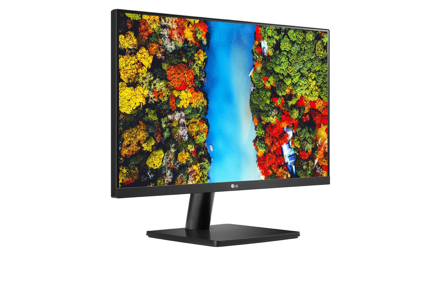 Monitor LG, che mostra una scena fluviale circondata da alberi.