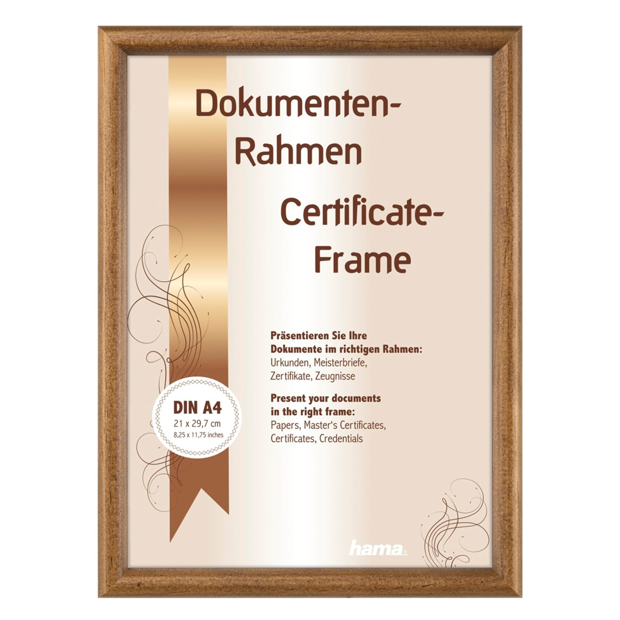 Ein Holzrahmen mit einem Dokument. Der Rahmen hat eine braune Farbe und hält ein Papier.