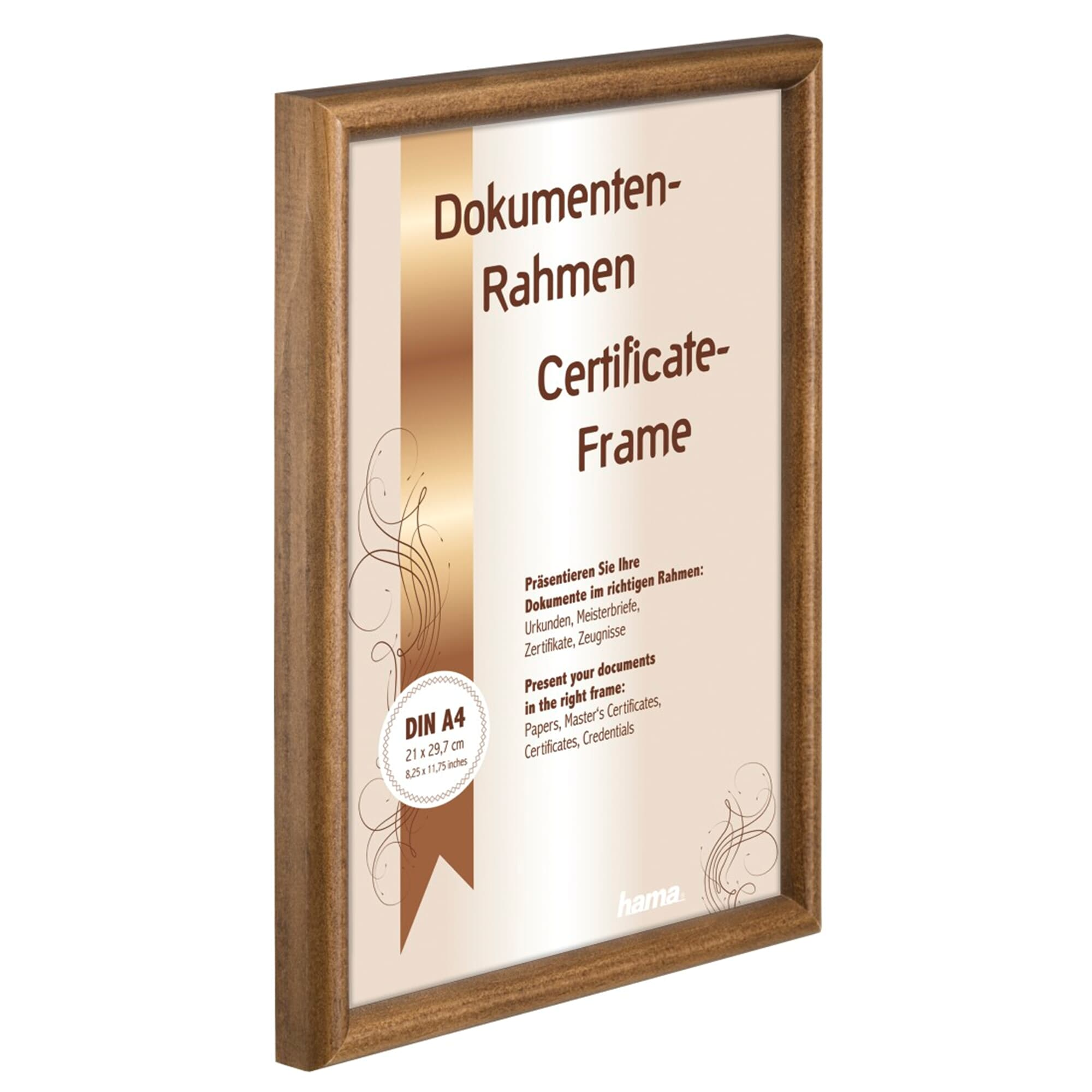 Ein gerahmtes Zertifikat mit deutschem Text wird mit einem Holzrahmen vor weißem Hintergrund angezeigt.