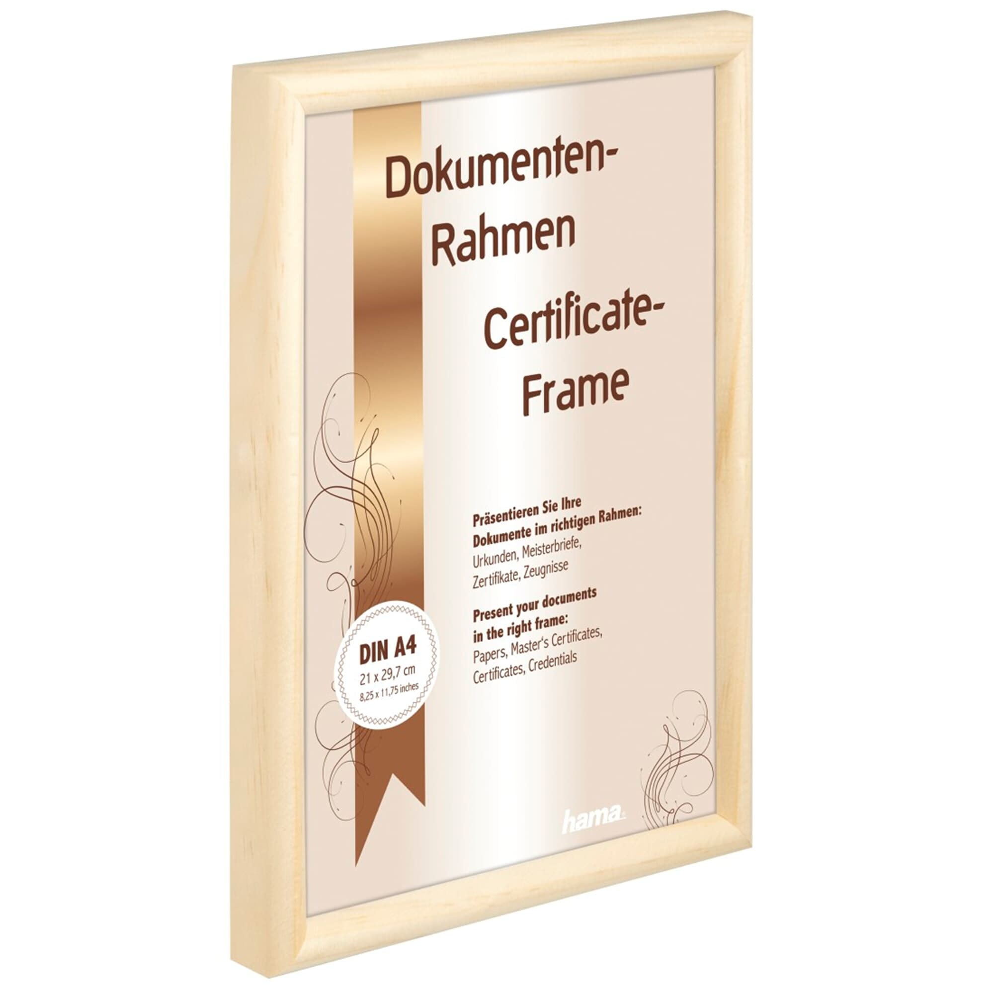 Ein heller Holzrahmen hält ein Dokument mit Text. Der Rahmen hat eine helle, natürliche Holzoberfläche.