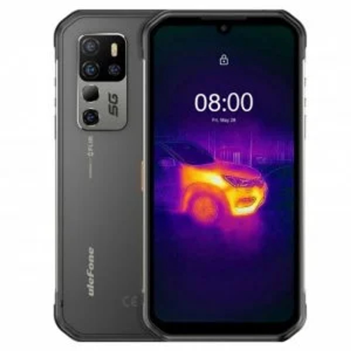 Smartphone robusto grigio con 5G, fotocamera termica e uno schermo che mostra un'immagine termica di un'auto.