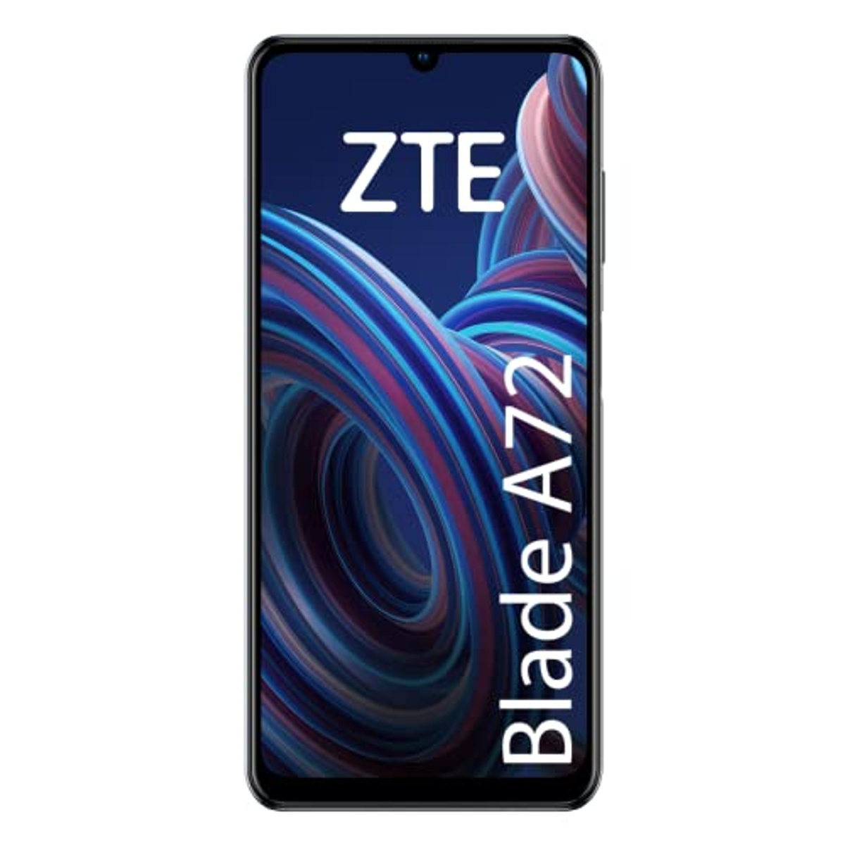 Ein ZTE Blade A72 Telefon. Das Telefon ist schwarz und zeigt ein farbenfrohes abstraktes Design.