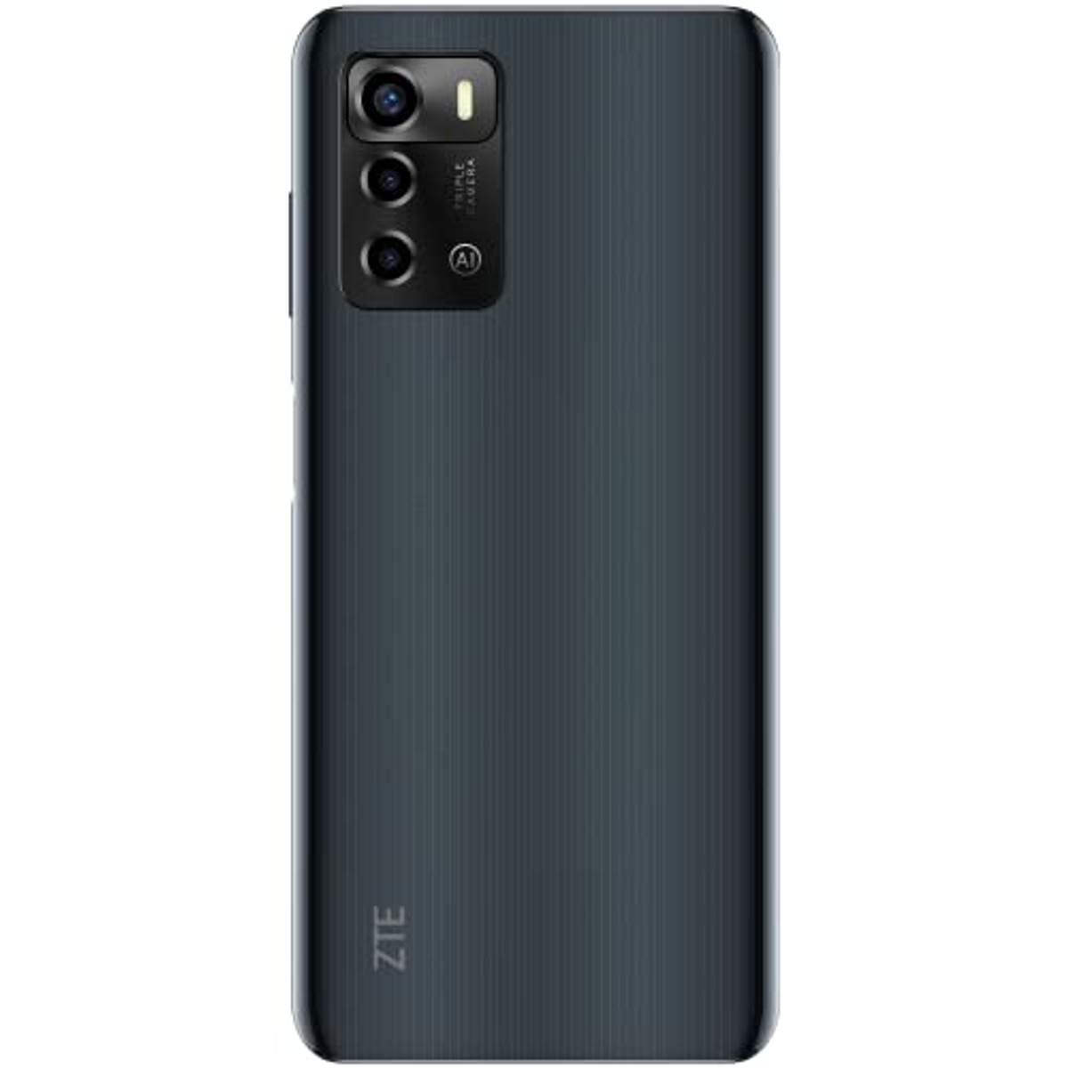 ZTE-Telefon, Rückansicht, schwarz mit Dreifachkamera und ZTE-Logo.