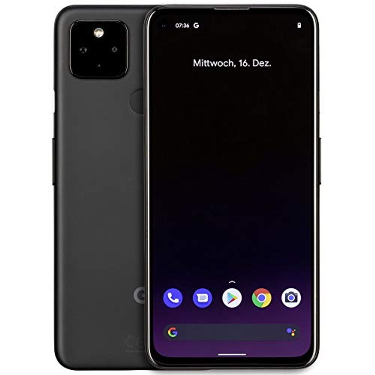 Ein schwarzes Smartphone mit Dual-Kamera, das Datum und Uhrzeit auf dem Bildschirm zeigt.