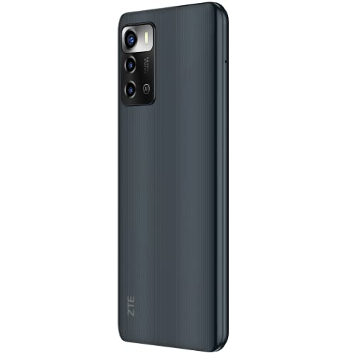 Schwarze Telefonrückseite mit Kameras und ZTE-Logo. Weißer Hintergrund.