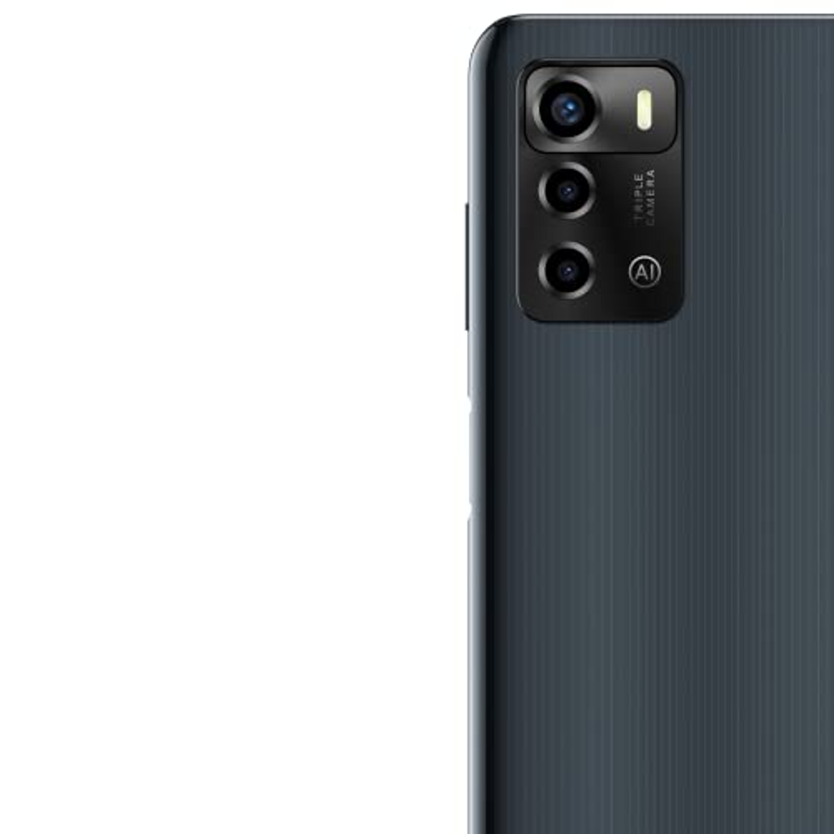 Rückseite eines dunkelgrauen Smartphones. Dreifach-Kamera-Setup mit Dreifach-Kamera-Text.