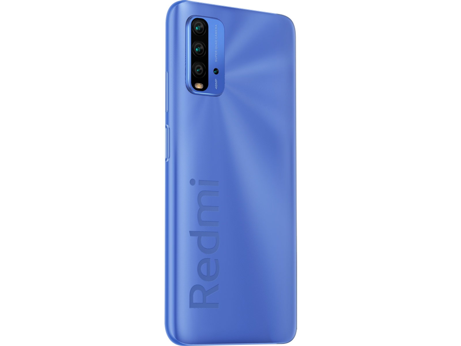 Parte trasera de smartphone azul con triple cámara, flash LED y logo Redmi abajo.