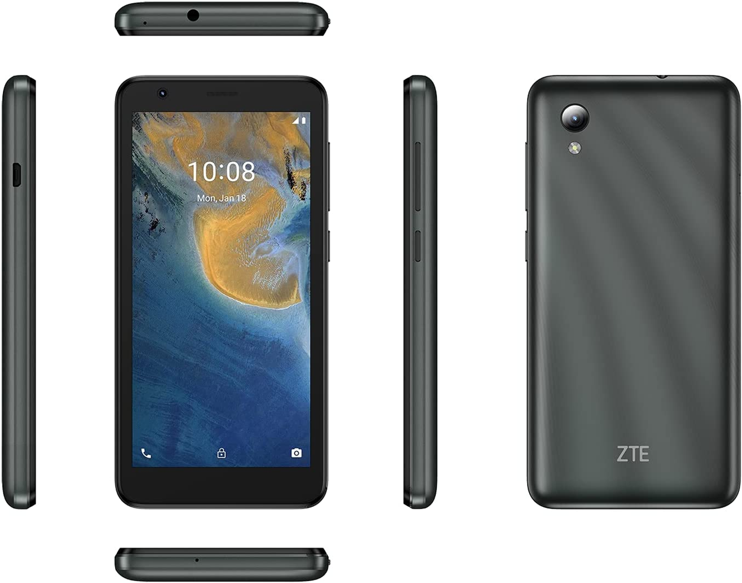 Ein graues Smartphone, das die Uhrzeit und das Datum auf dem Bildschirm anzeigt.
