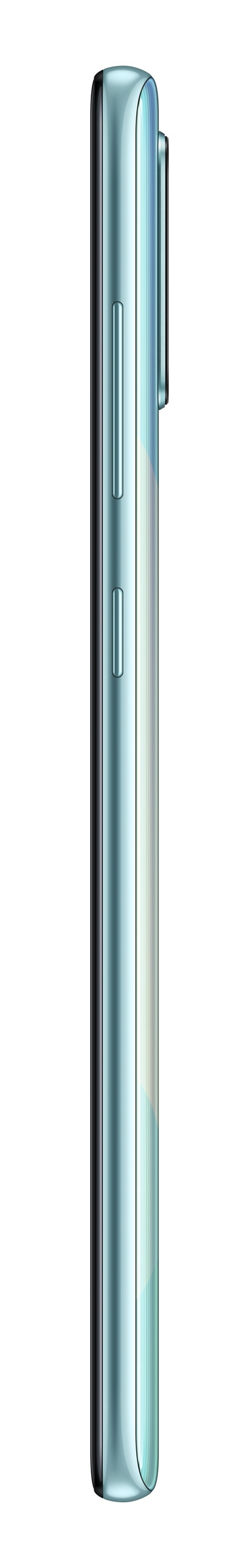 Blaues Telefon. Das Telefon wird von der Seite gezeigt. Es hat die Lautstärketasten.