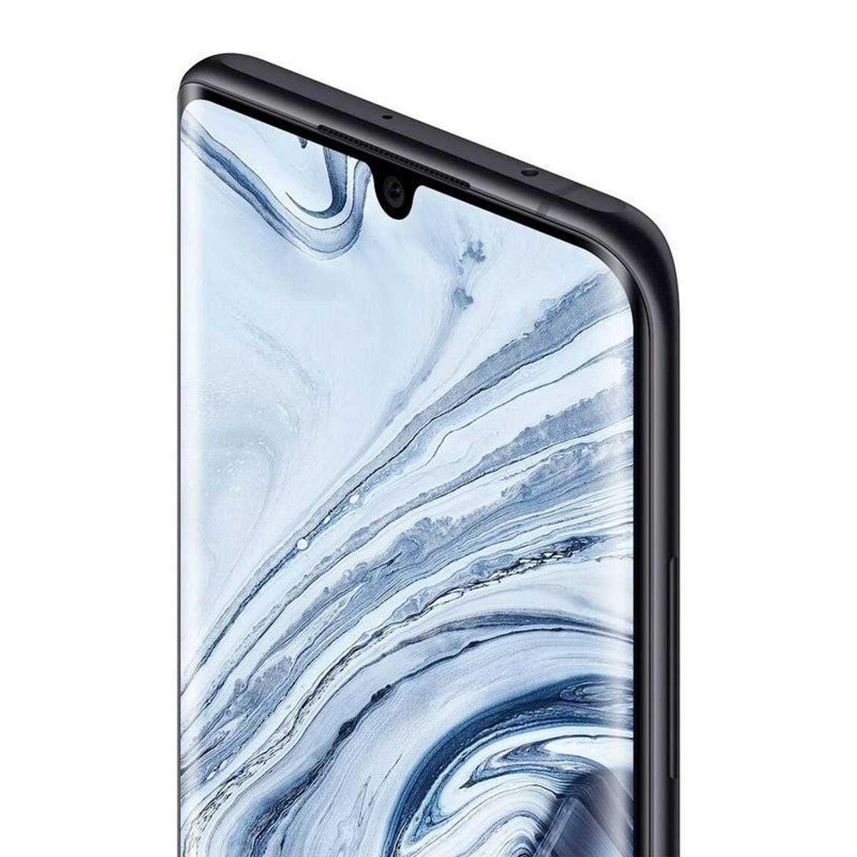 Smartphone mit gebogenem Bildschirm, schwarzem Rahmen und Kamera oben.