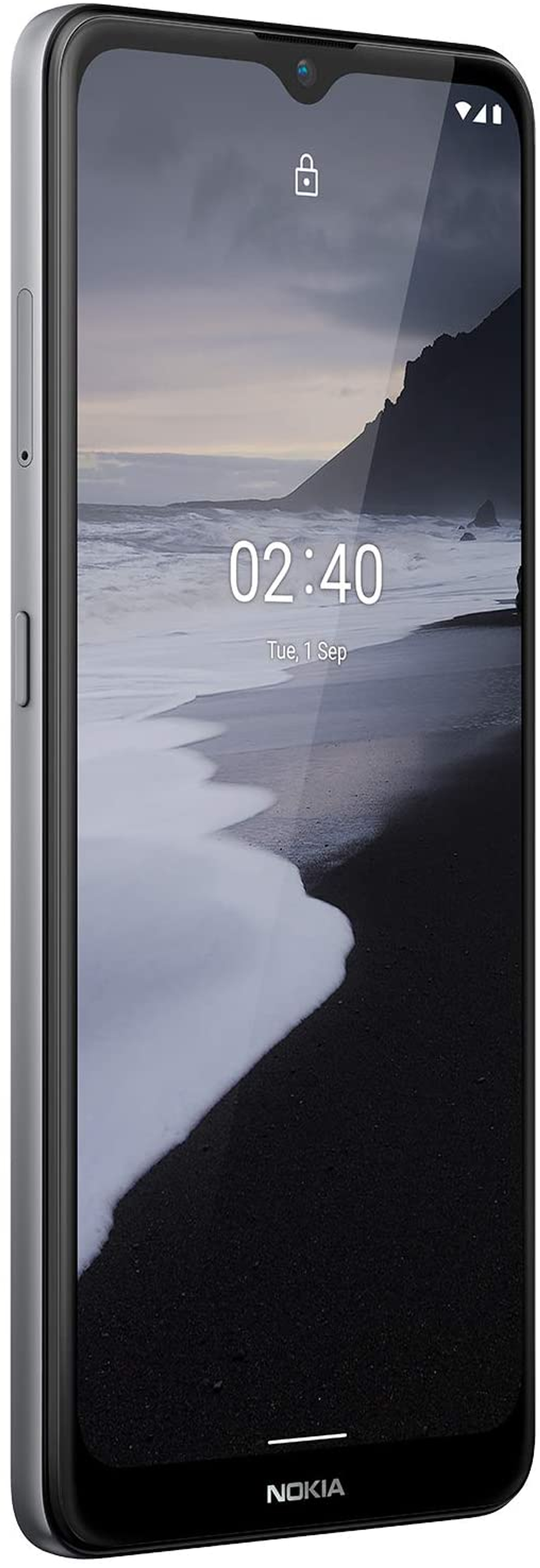 Srebrny telefon pokazujący scenę plażową na ekranie, z logo Nokia na dole.