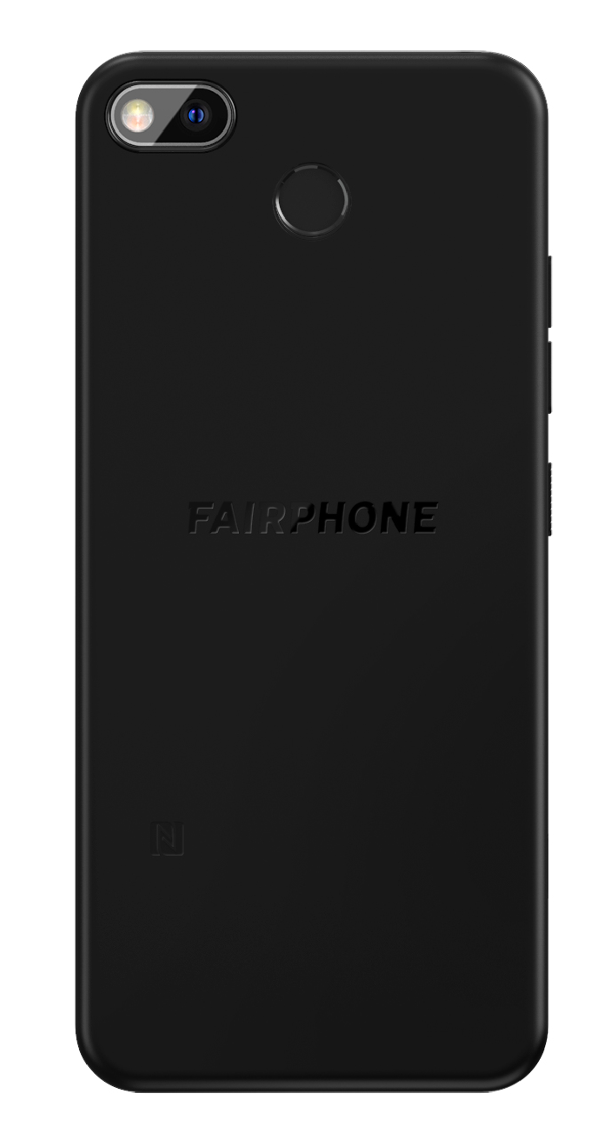 Schwarzes Fairphone, Rückansicht, schwarzes Gehäuse mit Logo, Kamera und Fingerabdrucksensor.