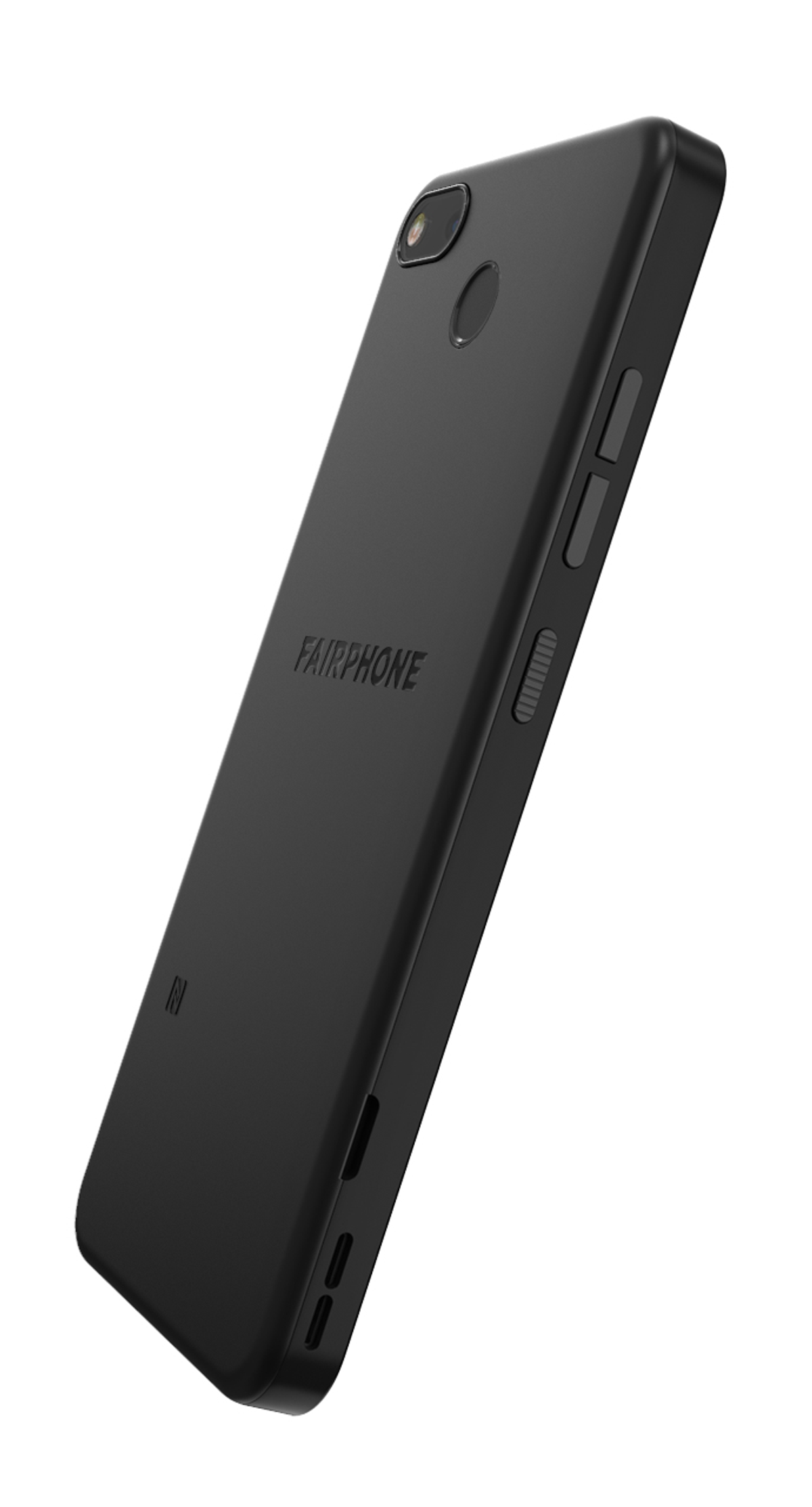 Schwarzes Smartphone mit dem Markennamen 'Fairphone'. Der Hintergrund ist weiß.