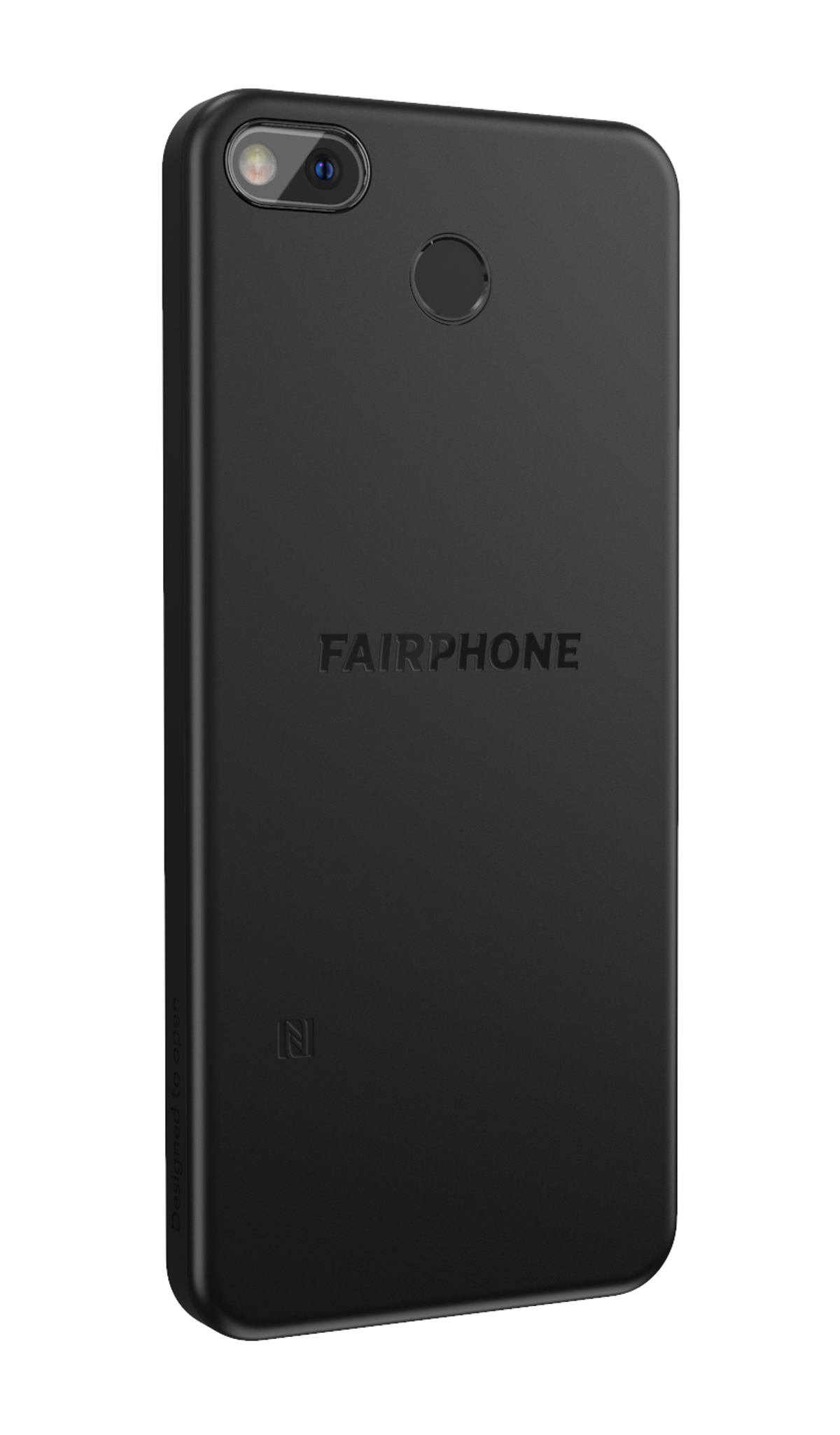 Schwarzes Fairphone. Rückansicht mit Kamera und Fairphone-Text.