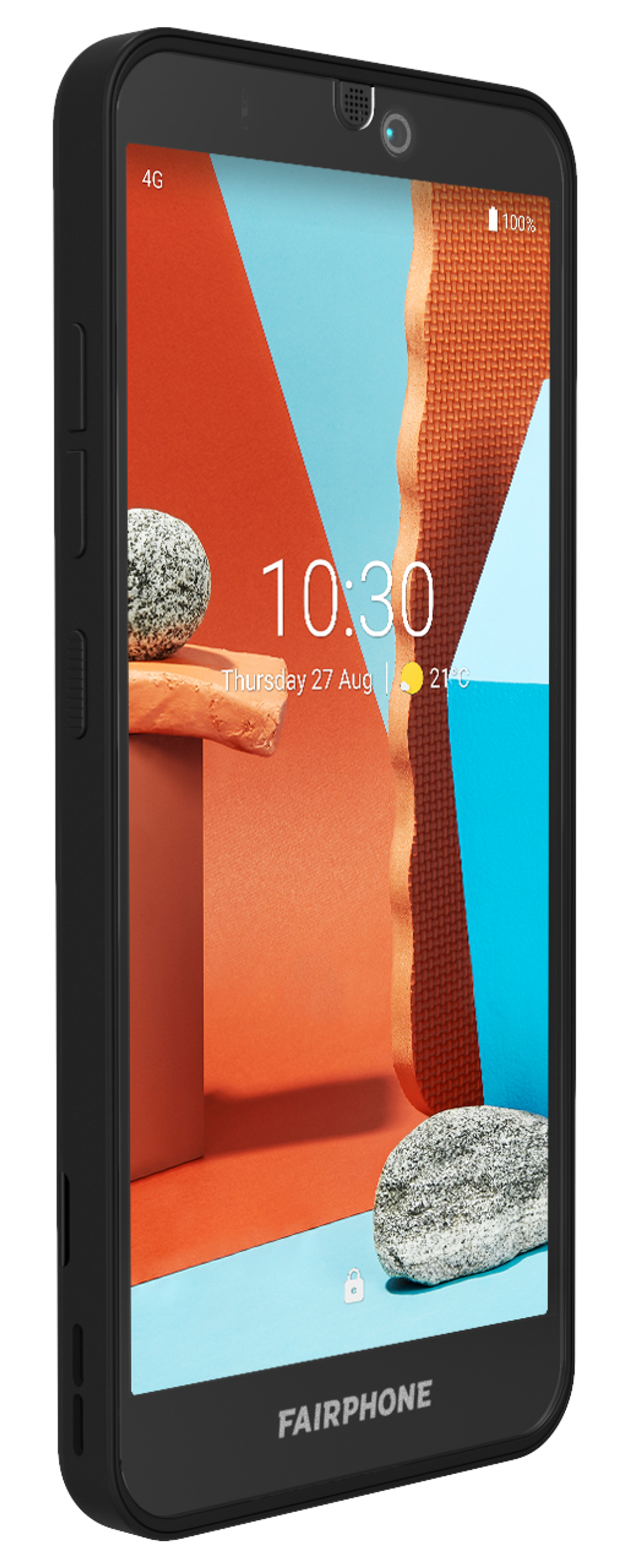 Ein schwarzes Smartphone mit farbigem Bildschirm, das Zeit und Symbole zeigt, im Studio.