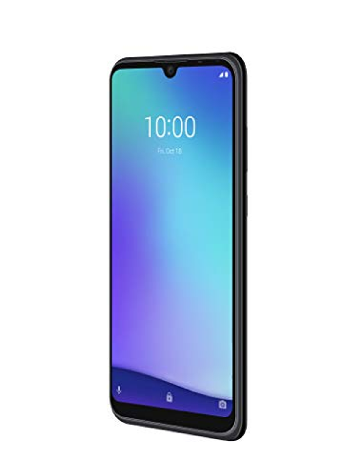 Schwarzes Smartphone mit blau-lila Farbverlaufsbildschirm, zeigt die Uhrzeit, weißer Hintergrund.