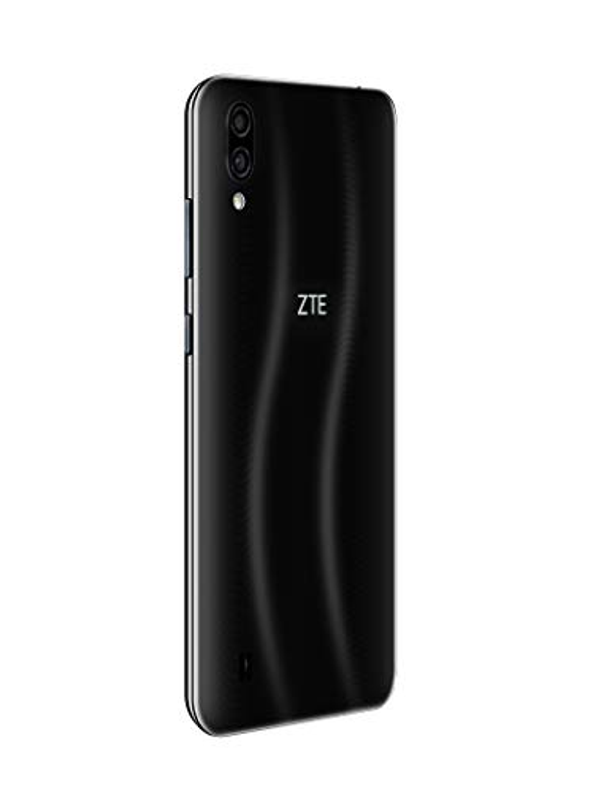 Rückseite eines schwarzen ZTE-Telefons mit Dual-Kameras und ZTE-Logo. Seitliche Tasten.