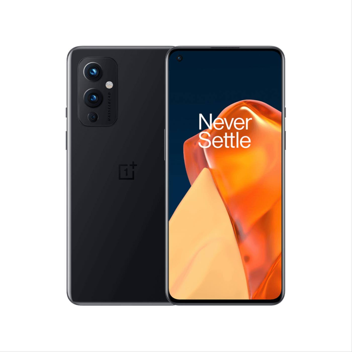 Een zwarte smartphone met twee camera's aan de achterkant en een scherm met "Never Settle".
