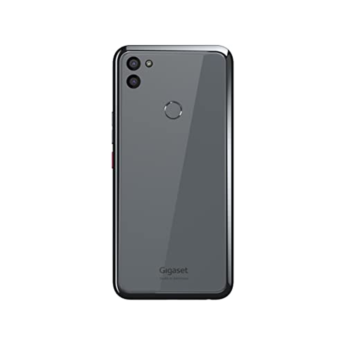 Rückseite eines grauen Smartphones. Zwei Kameralinsen und eine runde Kameralinse. Gigaset Logo unten.