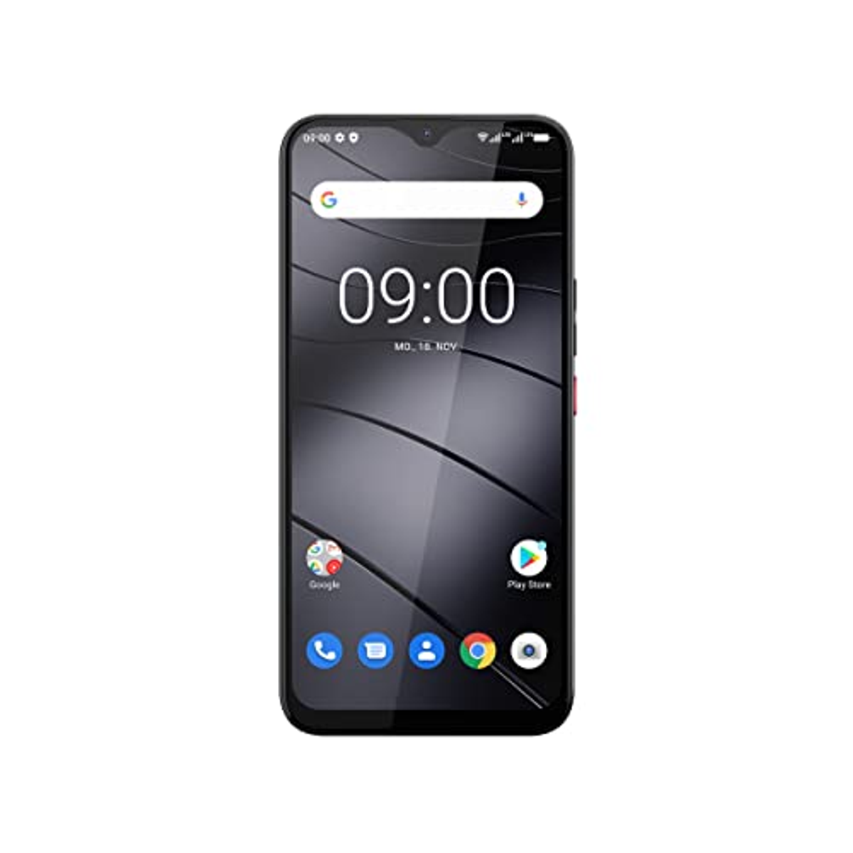 Ein schwarzes Smartphone zeigt die Uhrzeit 09:00 Uhr und eine Google-Suchleiste an.