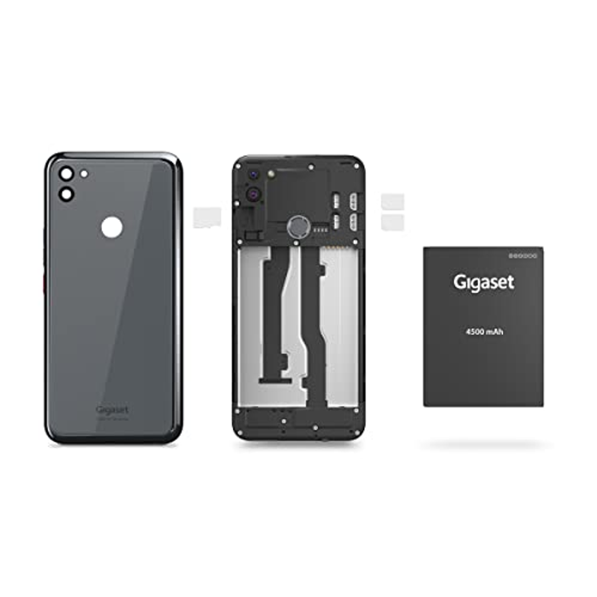 Drei Telefonkomponenten: eine schwarze Telefonrückseite, ein offener Rahmen und eine Gigaset-Batterie.