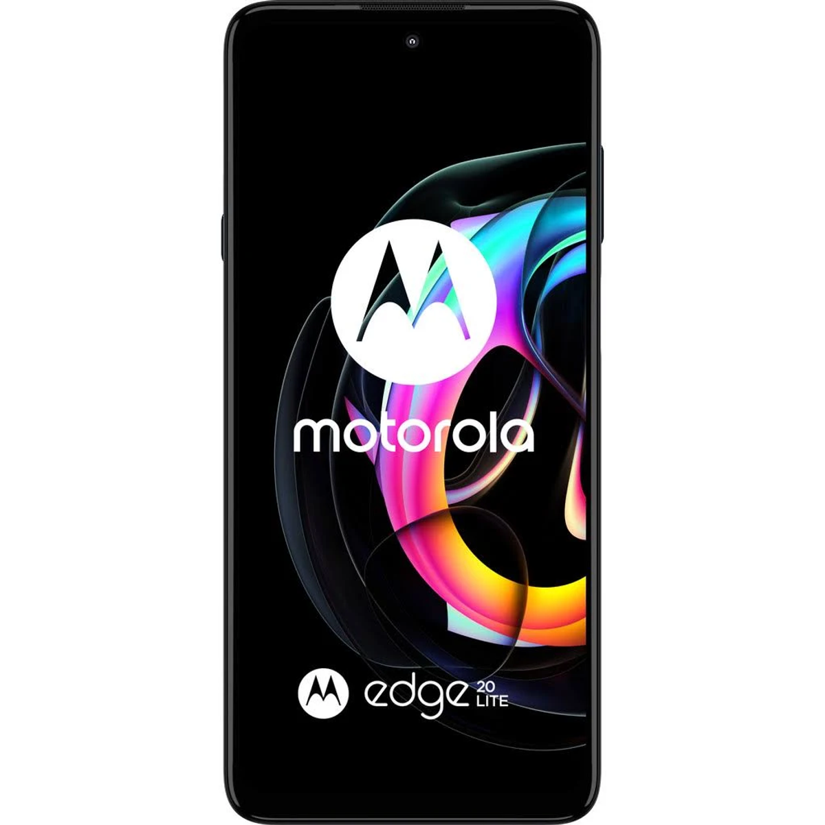 Motorola Edge 20 Lite telefoon. Zwart scherm met logo, kleurrijke achtergrond.