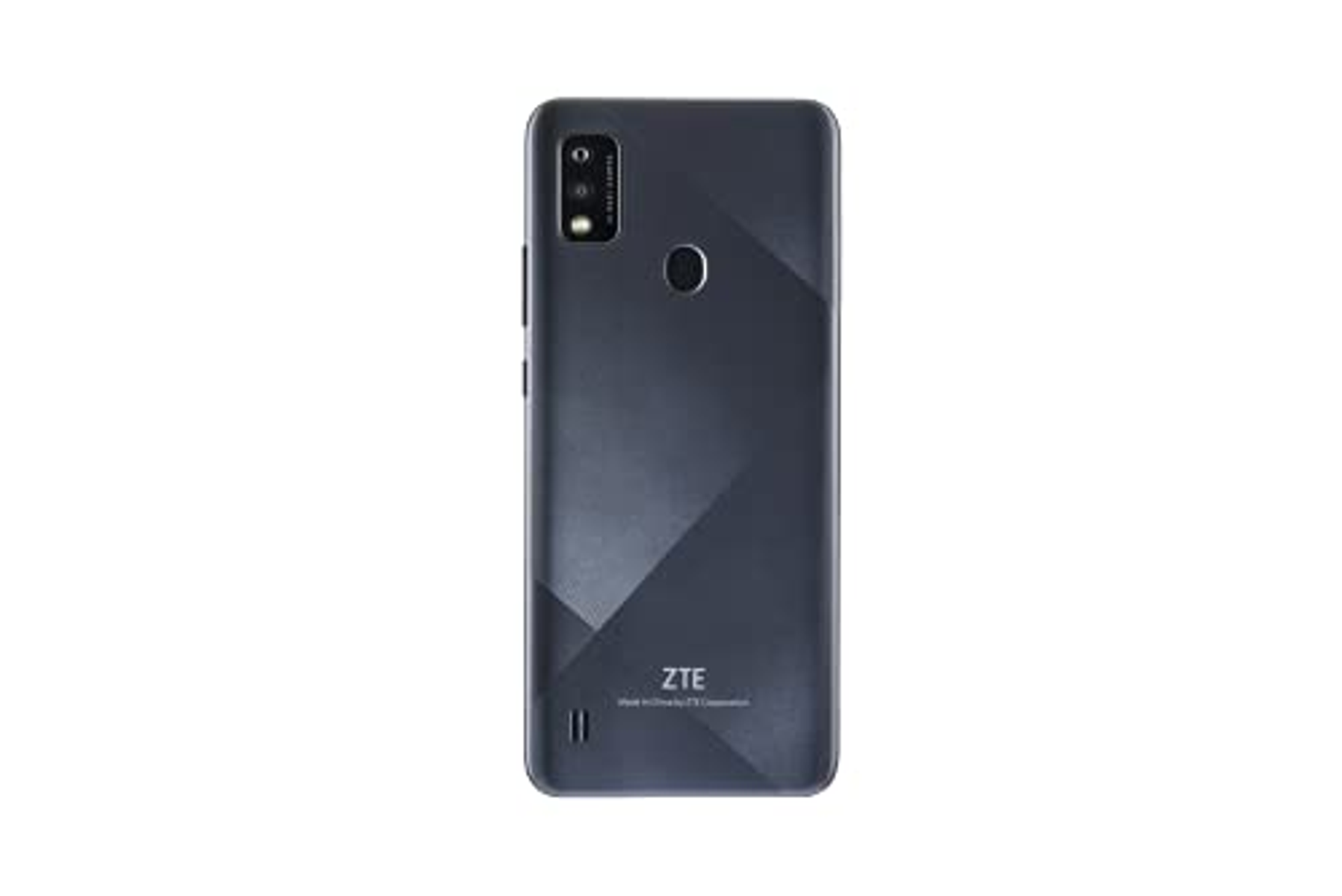 Rückansicht eines dunkelgrauen ZTE-Smartphones mit Dual-Kamera und ZTE-Logo.