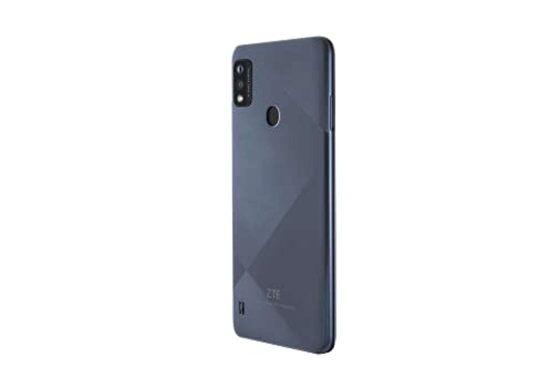 Dunkelblaues Smartphone mit Dual-Kamera auf der Rückseite vor weißem Hintergrund.