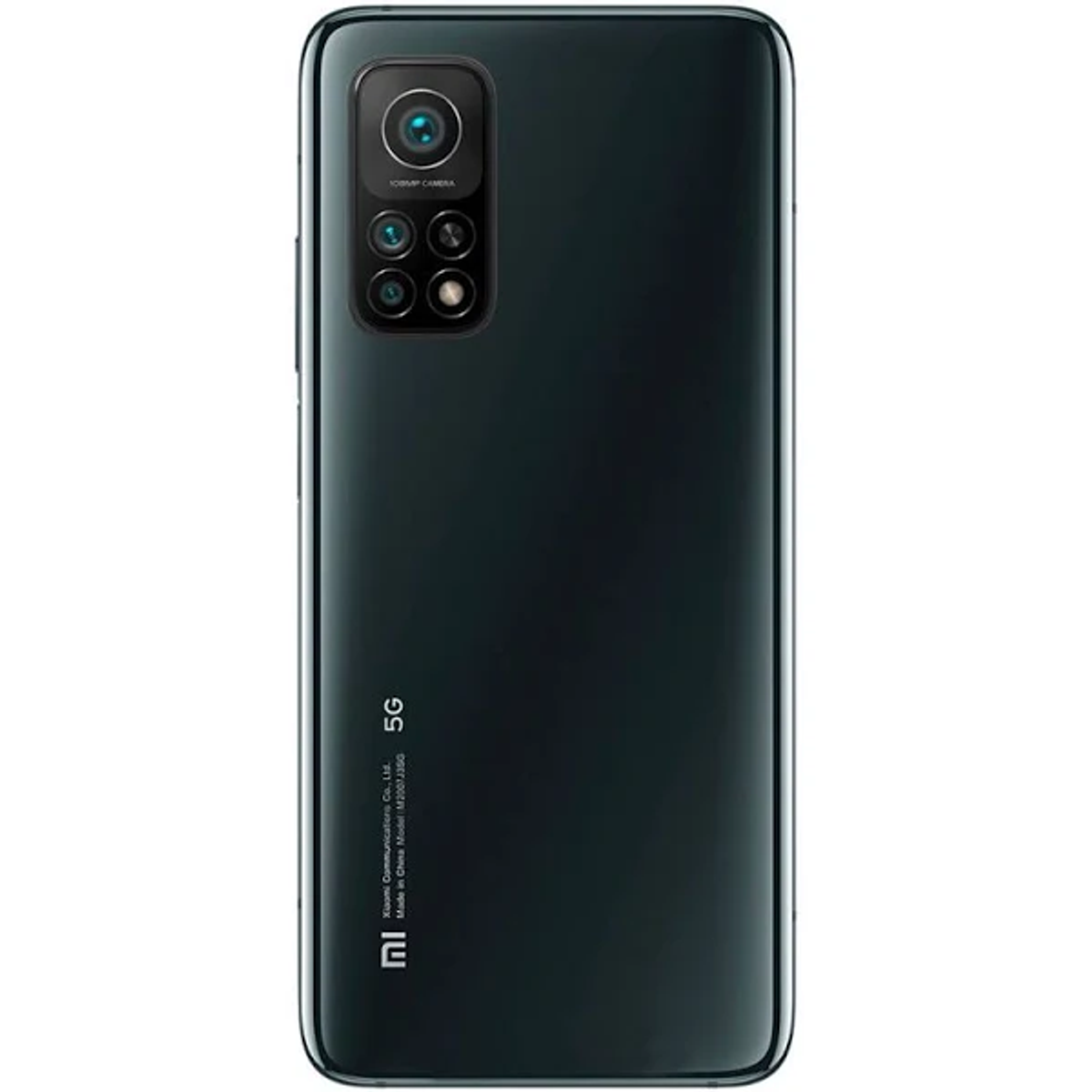 Czarny tył smartfona z aparatem i logo 5G. Białe tło.