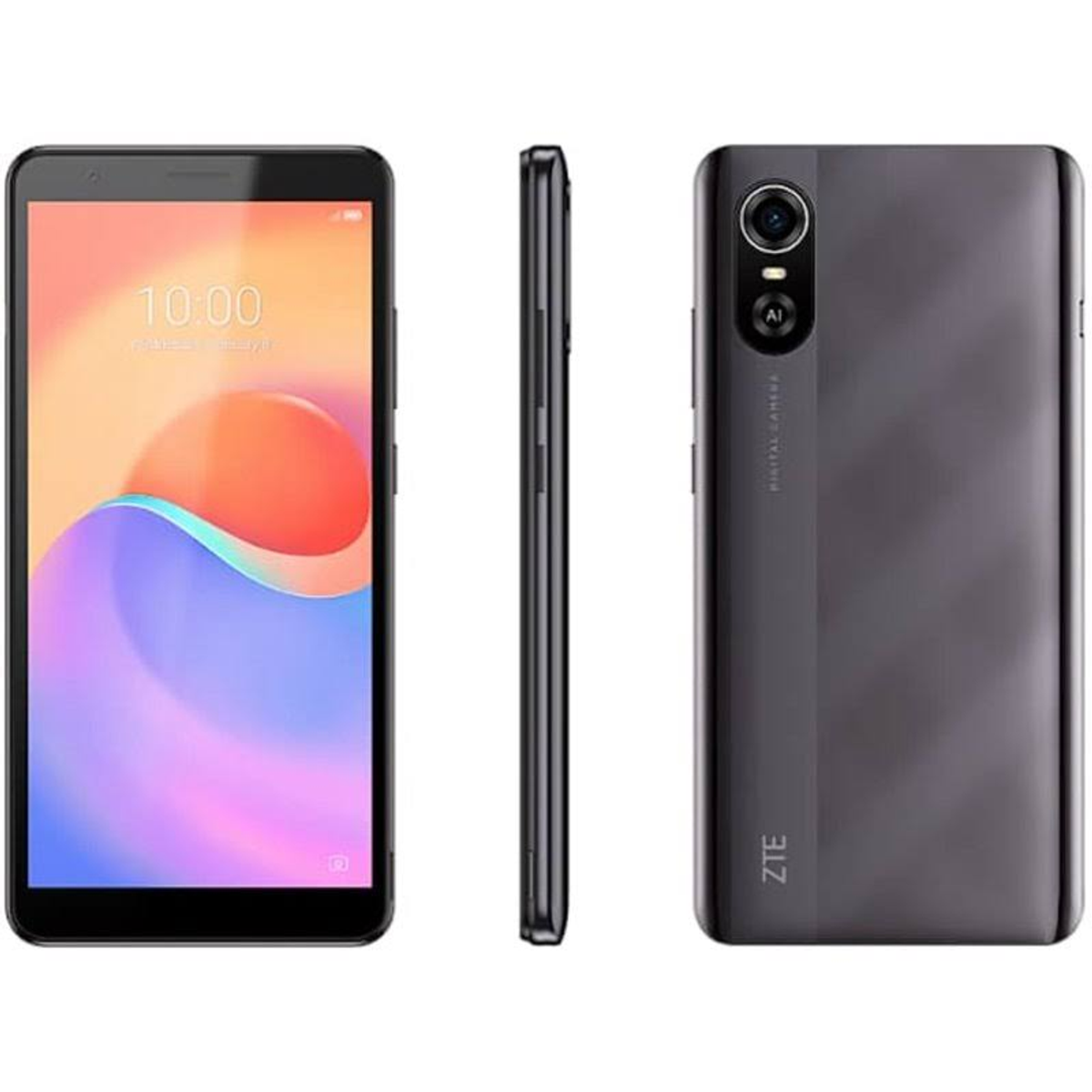 Teléfono ZTE con tres vistas: frontal, lateral y trasera. La pantalla muestra una interfaz colorida y un reloj.