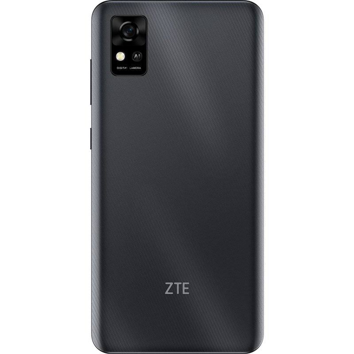 La parte trasera de un smartphone ZTE gris oscuro. Cuenta con un módulo de cámara y el logotipo de ZTE en la parte inferior.