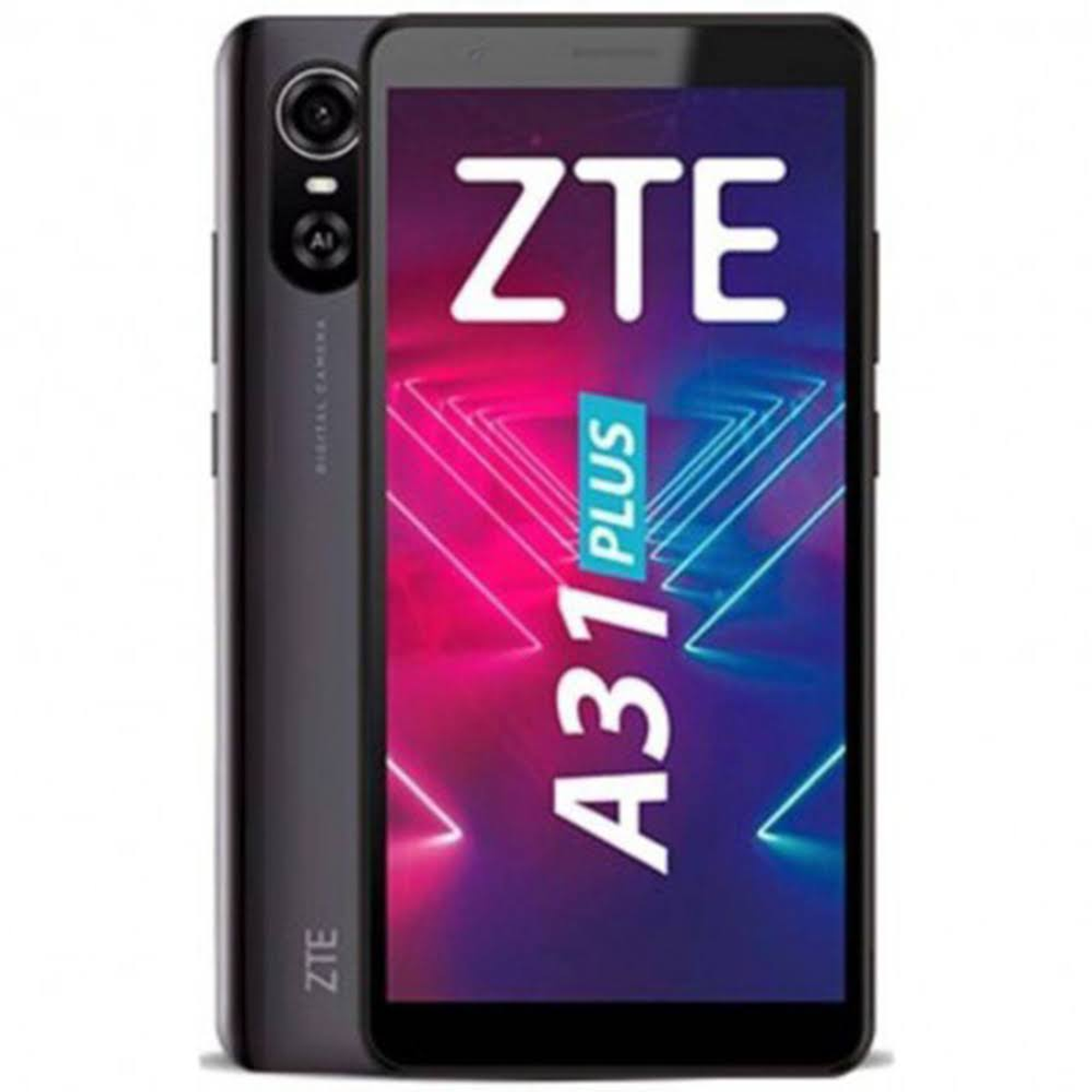 Teléfono ZTE A31 Plus, frontal y trasera. Negro. Pantalla morada y azul. Blanco.