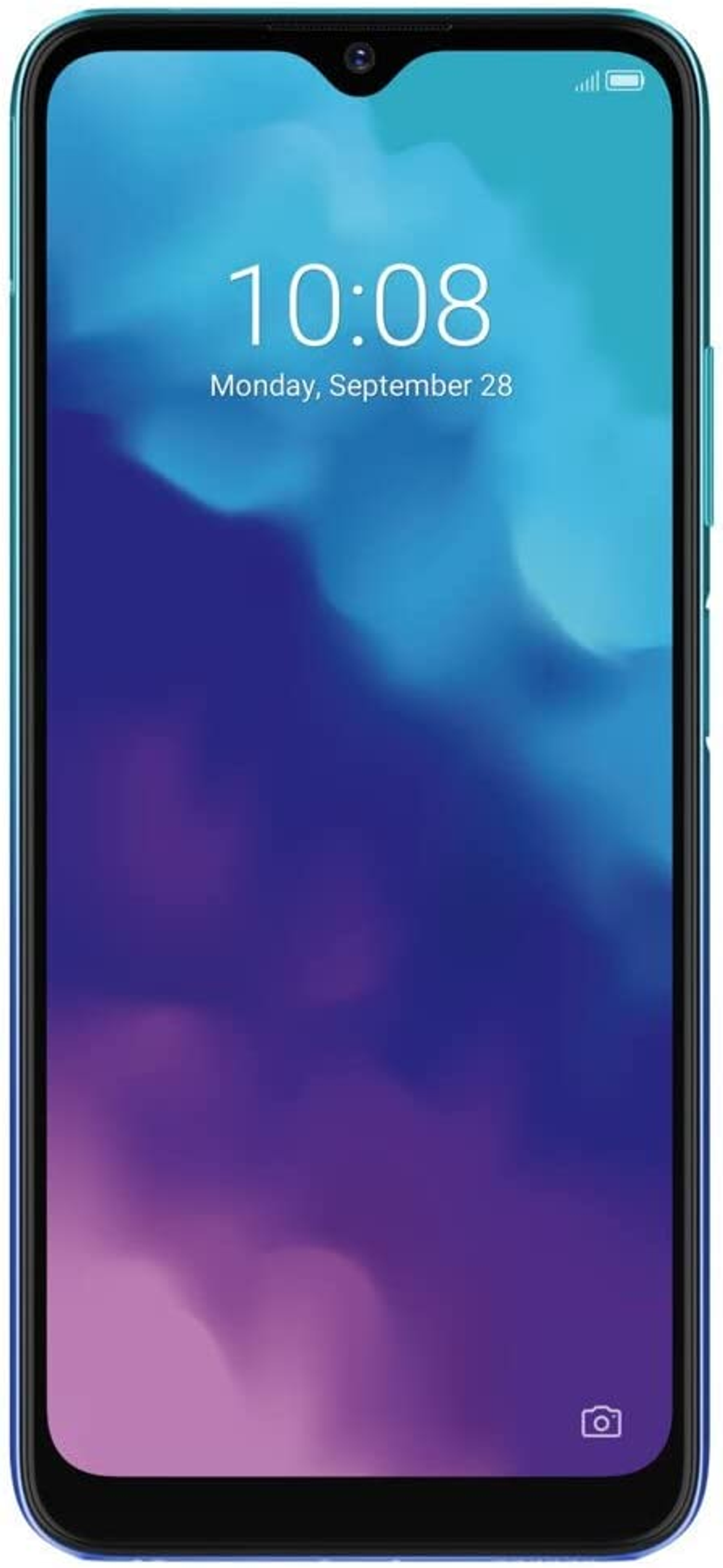 Pantalla azul de smartphone mostrando un fondo abstracto colorido y la hora.