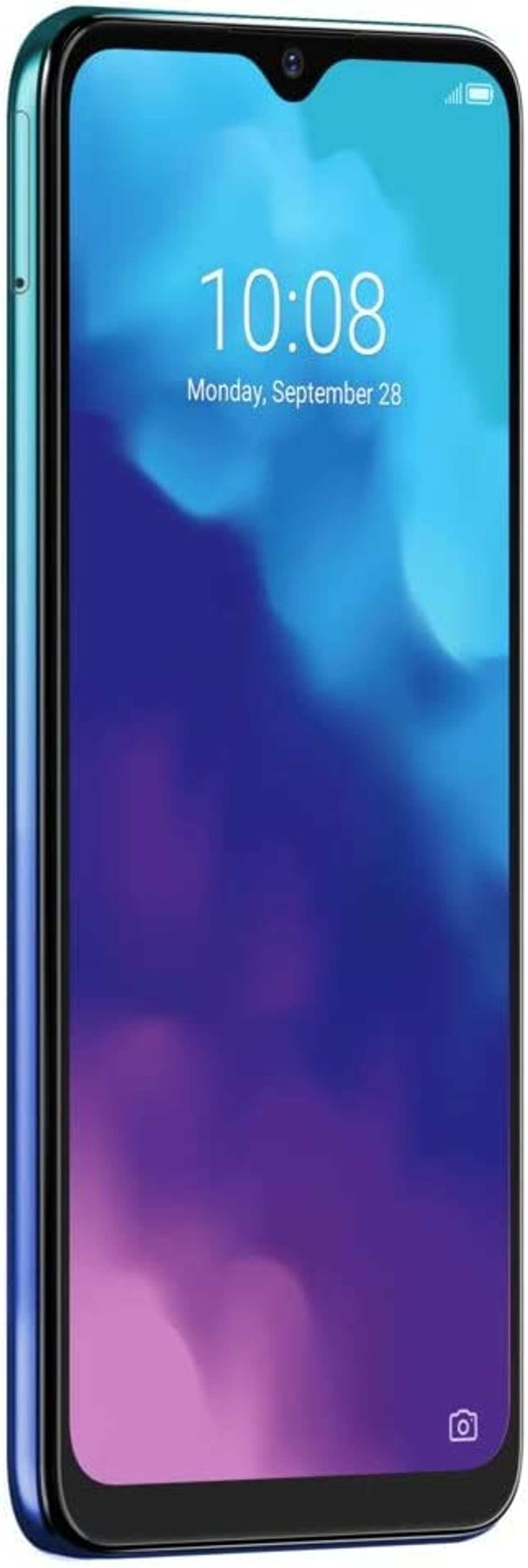 Smartphone con pantalla degradada azul a morado. Hora: 10:08, Lunes, 28 de Septiembre.