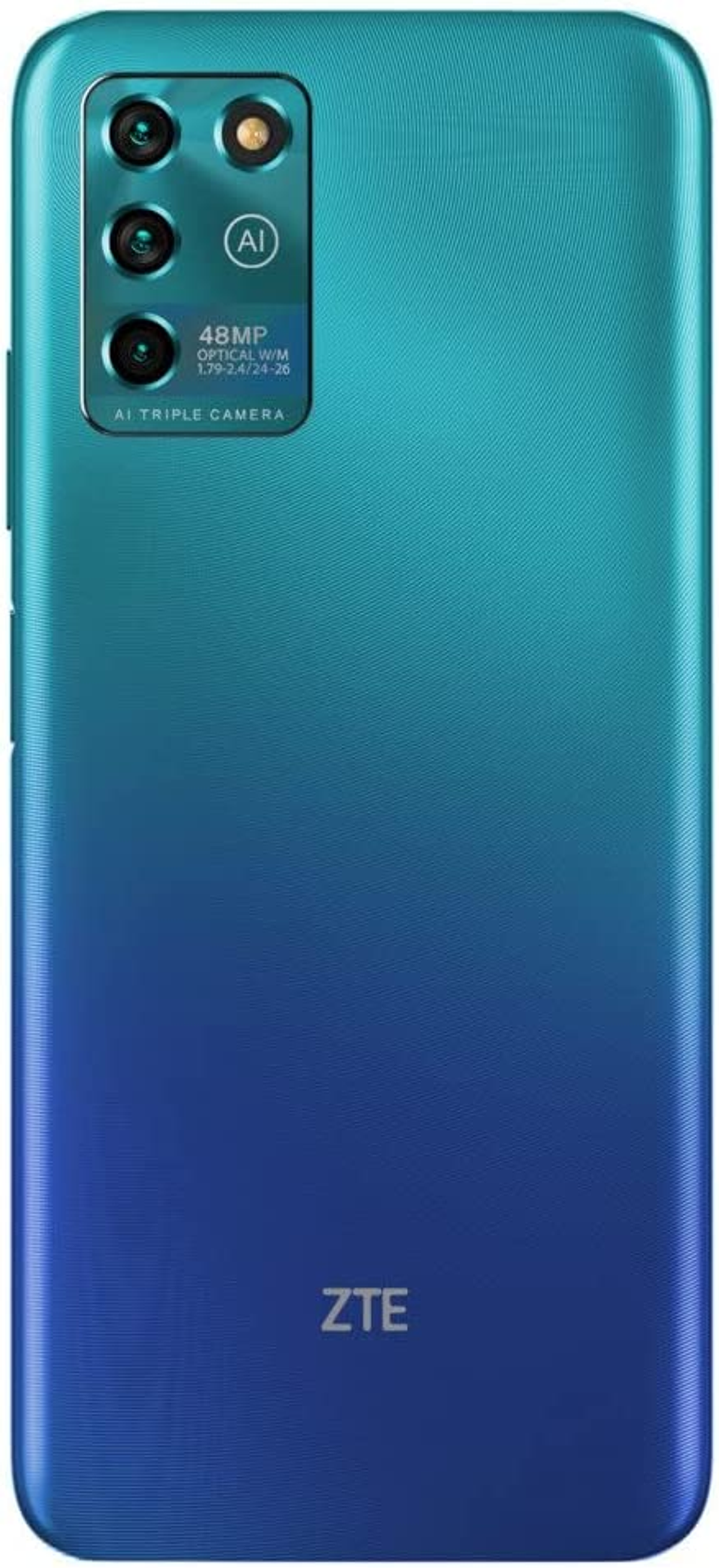 Parte trasera de teléfono ZTE azul y turquesa con triple cámara y texto 'AI'.