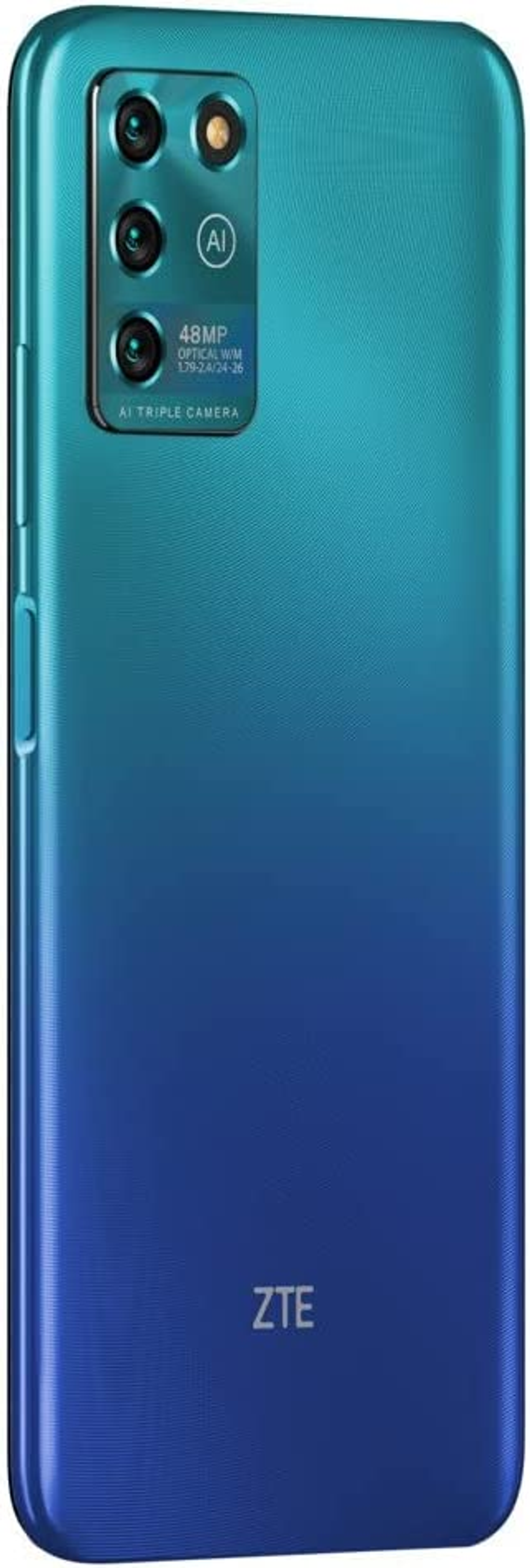 Parte trasera del teléfono ZTE. Degradado azul. Configuración de triple cámara. Texto AI triple cámara.