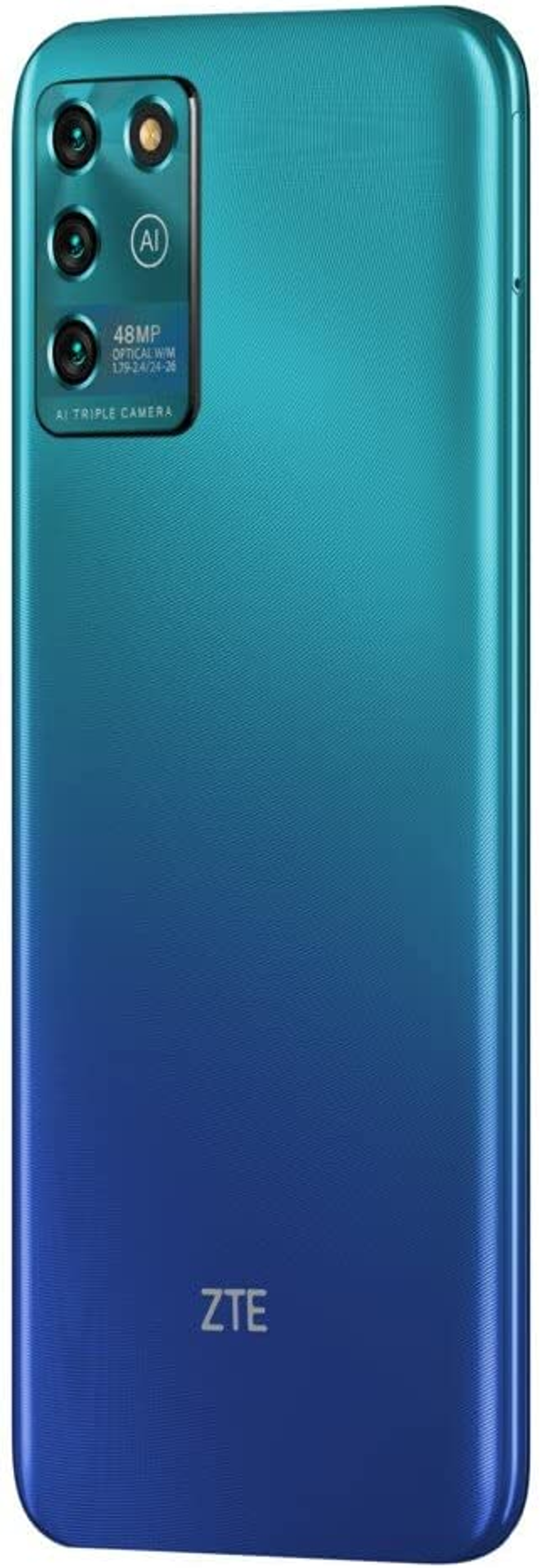 Parte trasera de smartphone con degradado azul-verde, triple cámara y logo ZTE, aislado.