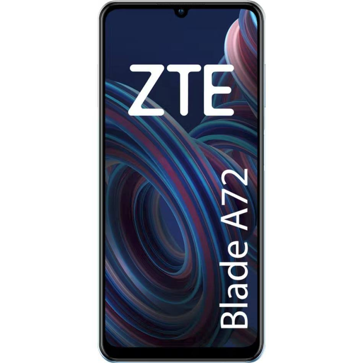 Smartphone ZTE Blade A72. La pantalla muestra un patrón abstracto azul y morado.