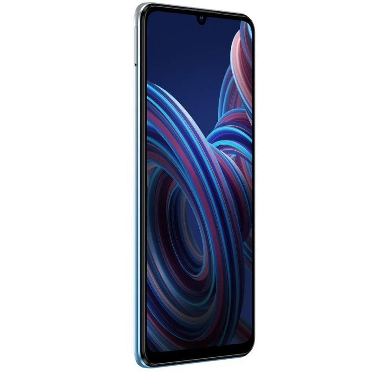 Un smartphone delgado con marco azul. La pantalla muestra líneas abstractas azules y rojas.