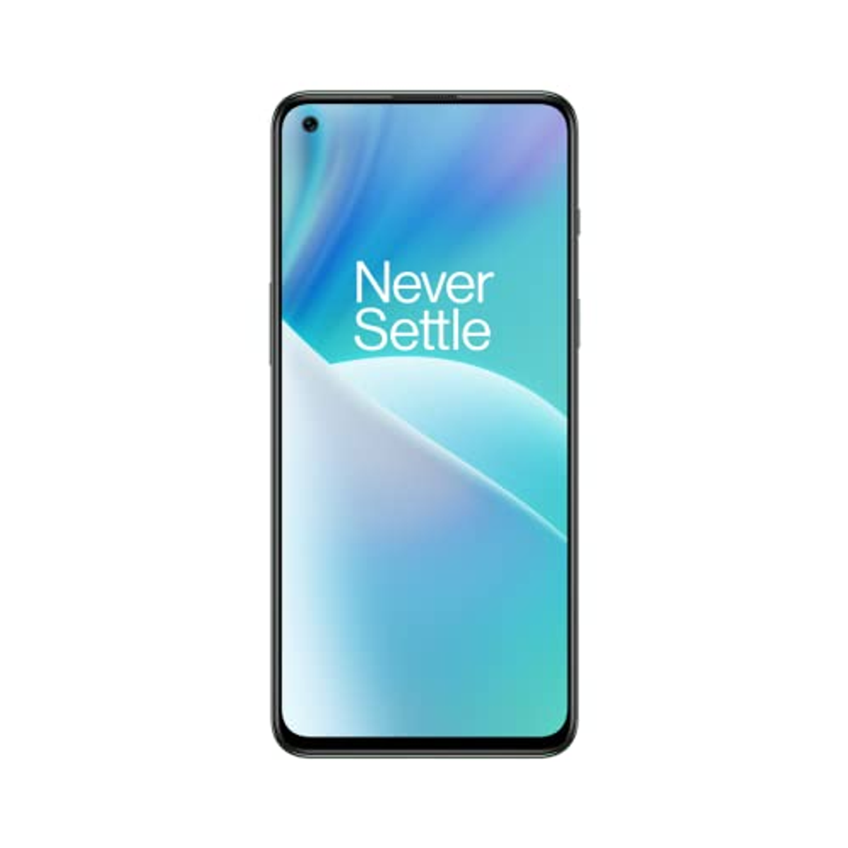 Zwart telefoonscherm met 'Never Settle' tekst op een witte achtergrond.