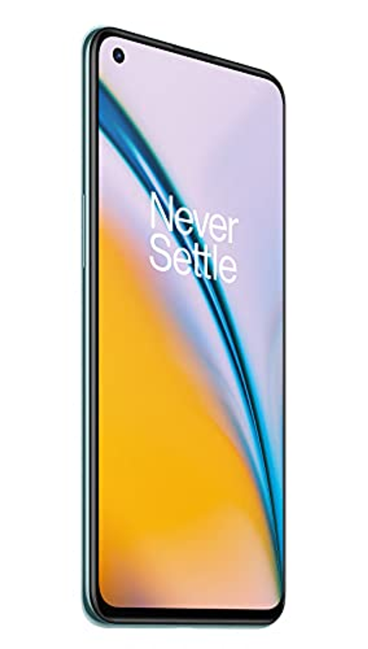 Turkusowy telefon z ekranem 'Never Settle', żółto-białym gradientem.