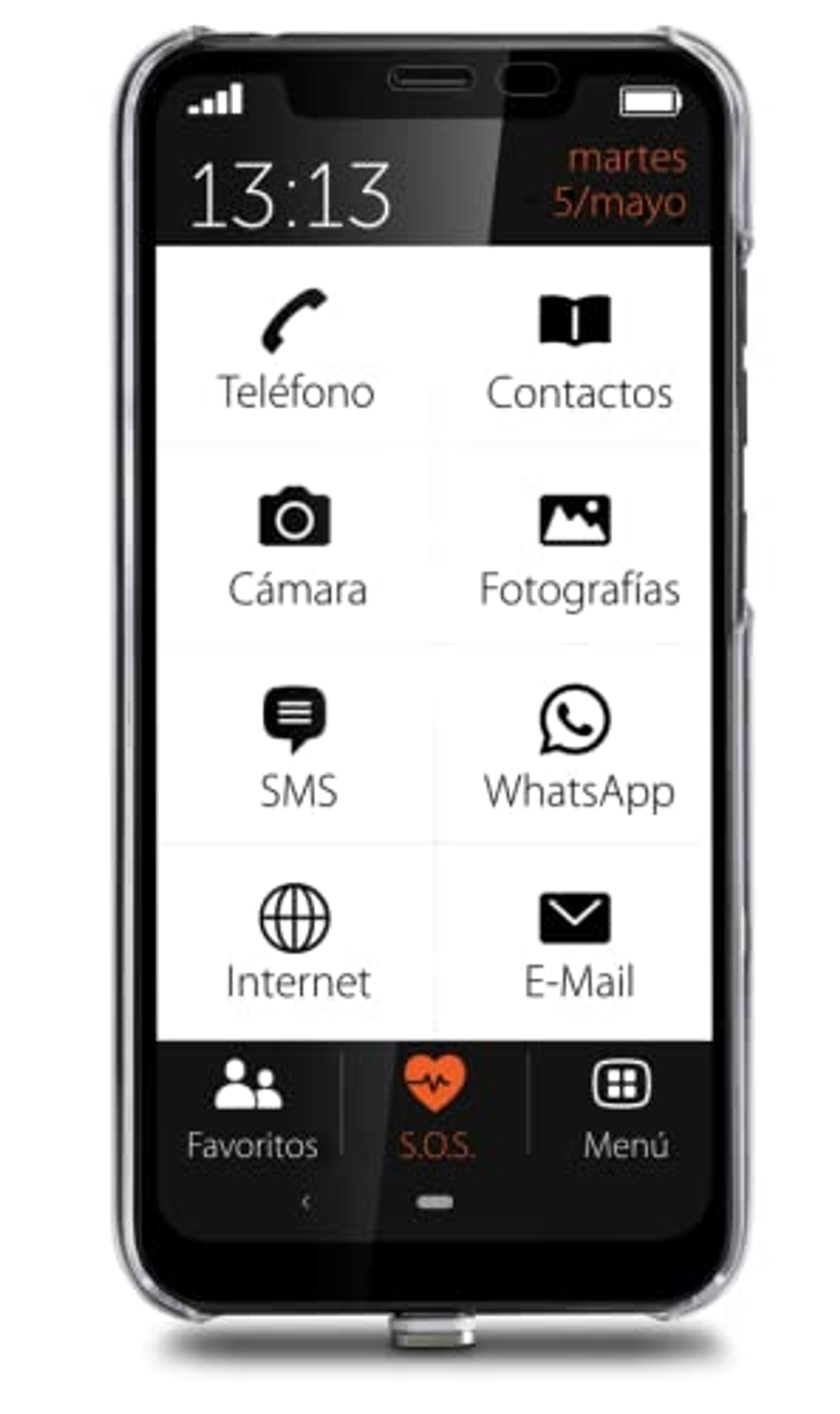 Interfejs smartfona z dużymi ikonami: telefon, kontakty, aparat, SMS i więcej.