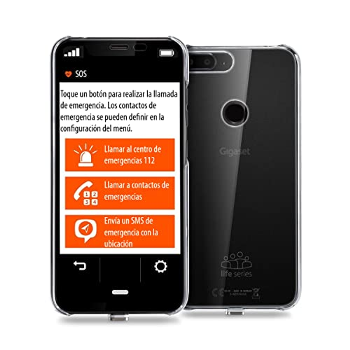 Telefon z przezroczystym etui, wyświetlający menu połączeń alarmowych z ikonami telefonu.