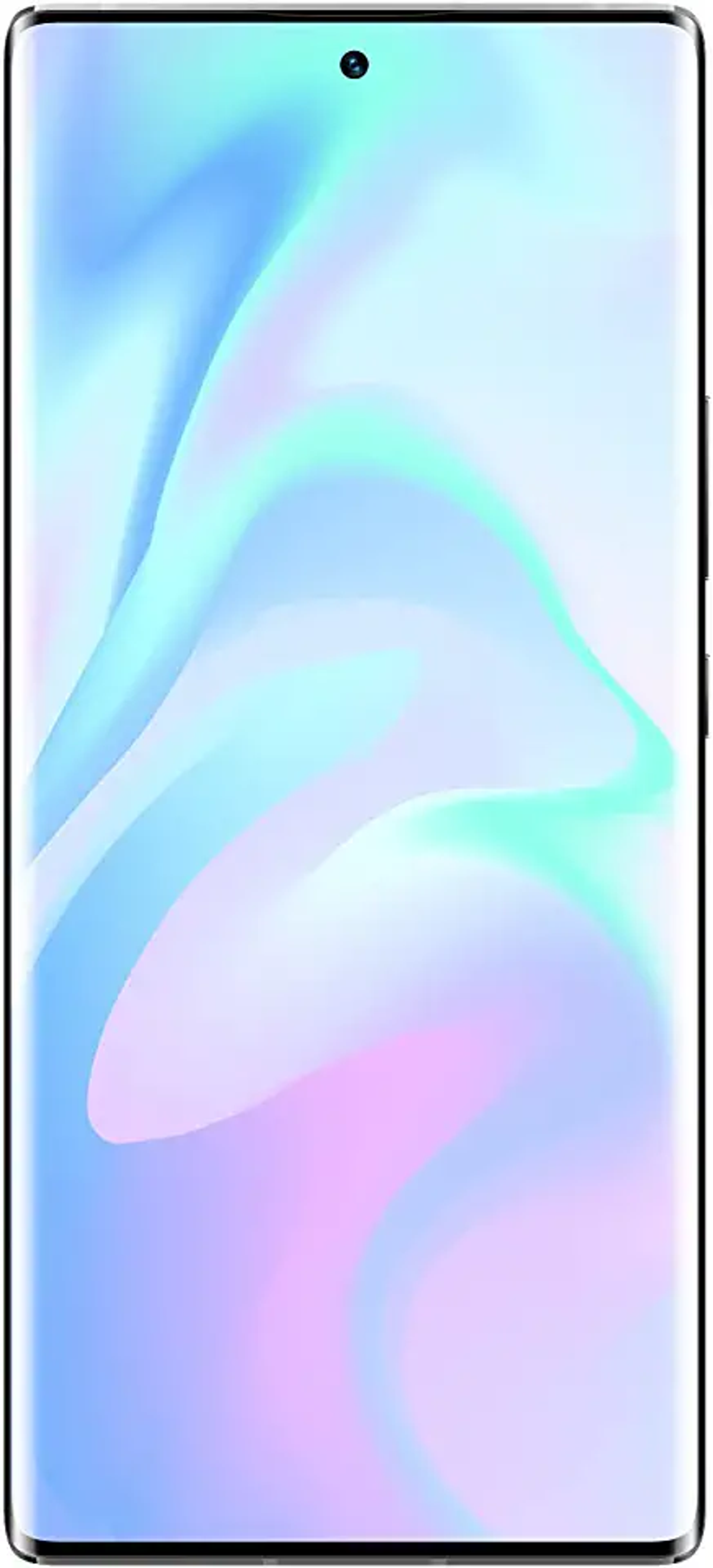 Smartphone mit pastellfarbenem Bildschirm, der Blau- und Rosatöne zeigt.