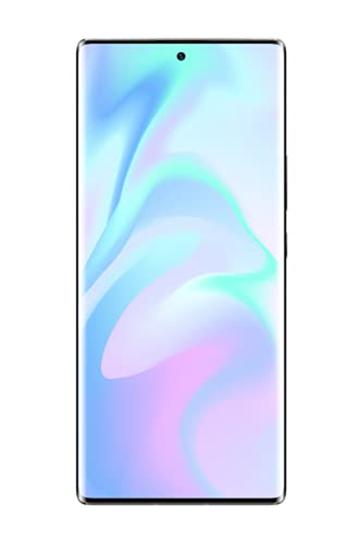 Modernes Smartphone, Vorderansicht, mit hellem, farbenfrohem Display, isoliert auf Weiß.